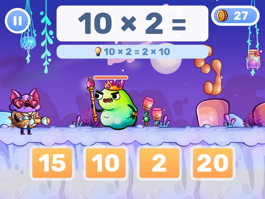 MathHero gameplay: a boss battle on 10 × 2, with the hint 10 × 2 = 2 × 10 shown under the problem.