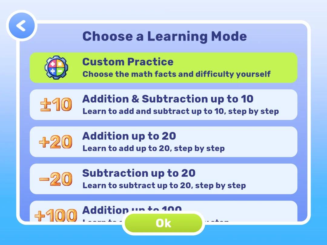 MathHero Choose a Learning Mode screen: Custom Practice or step-by-step programs such as Addition & Subtraction up to 10, Addition up to 20 and Subtraction up to 20.