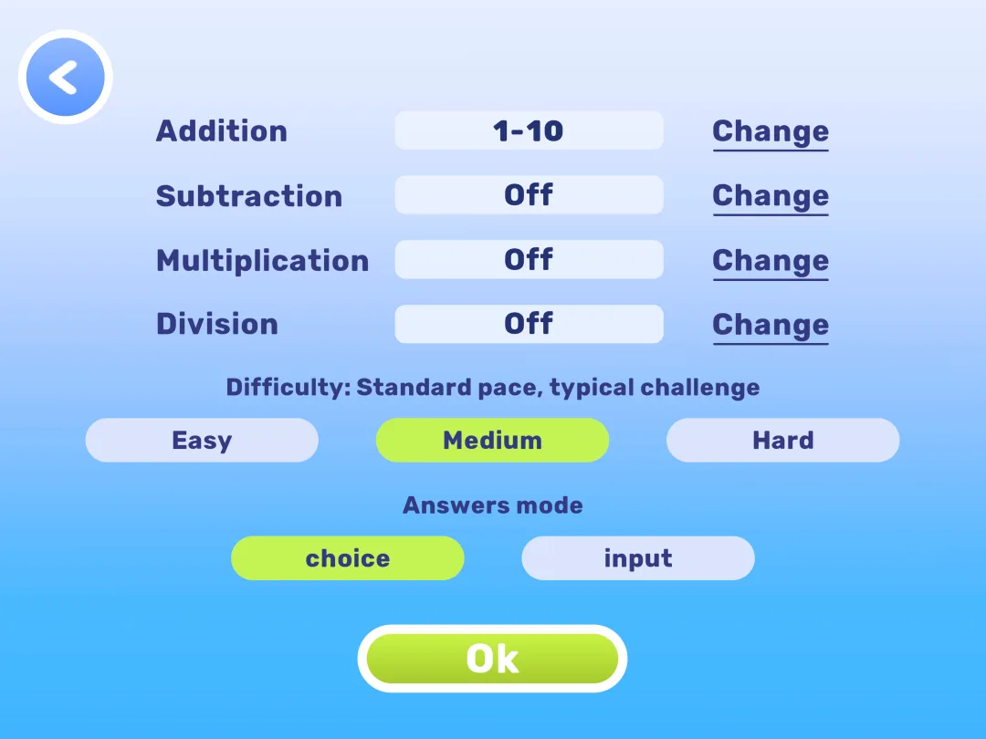 MathHero Custom Practice settings: addition, subtraction, multiplication and division each on or off with a number range, Easy, Medium or Hard difficulty, and choice or input answers.