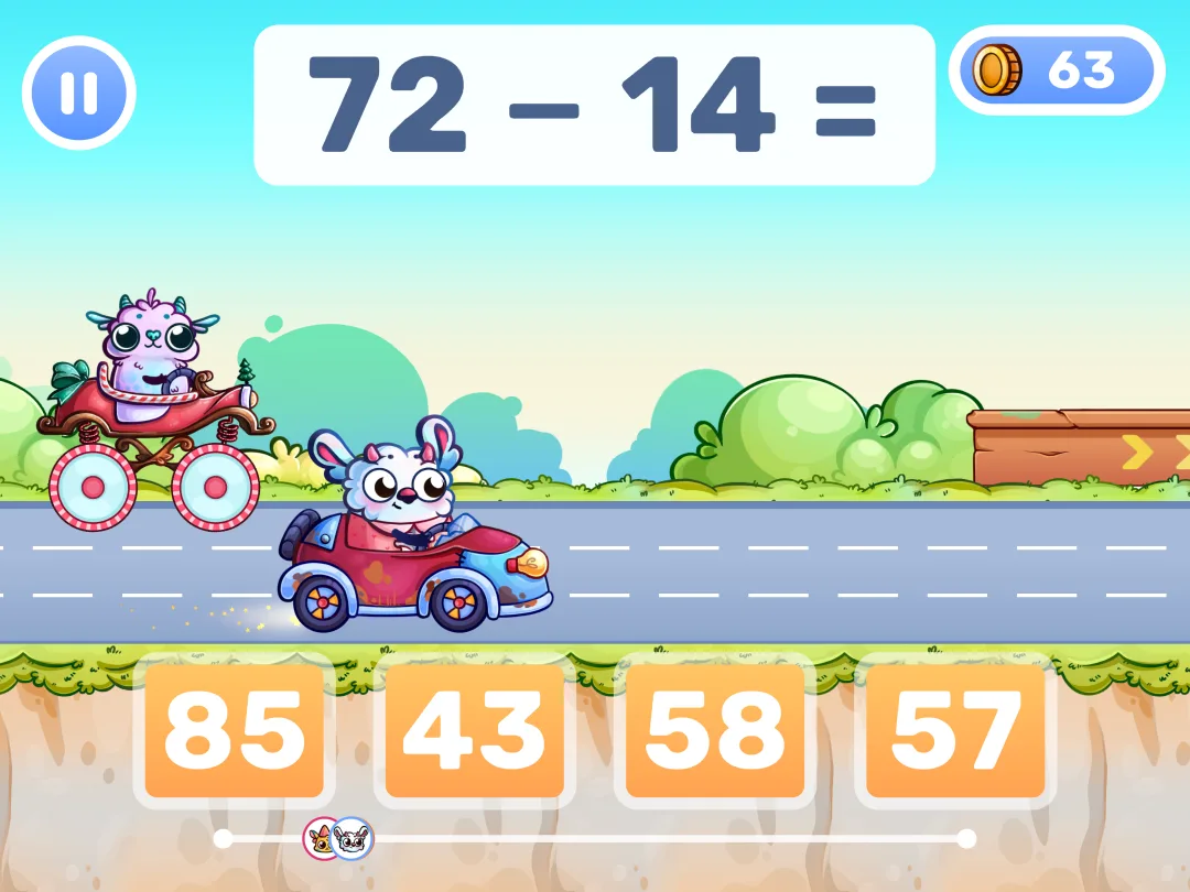 MathHero racing: answering 72 − 14 to speed past another car.