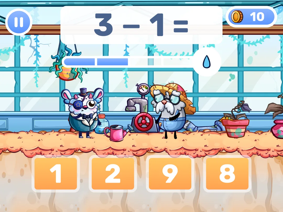 MathHero gameplay: answering 3 − 1 to water the plants in a greenhouse.