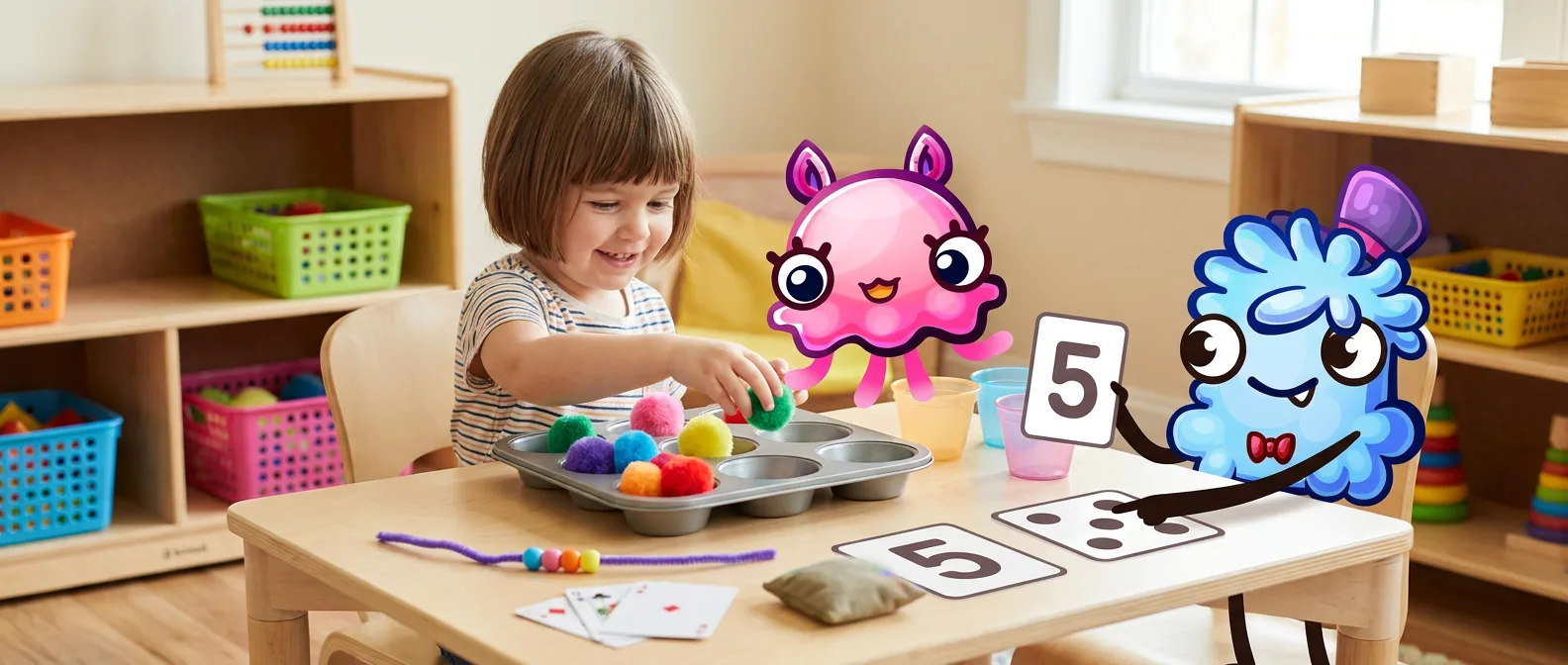 A preschool girl sorts colored pom-poms into a muffin tin while two MathHero mascots hold up number and dot cards.