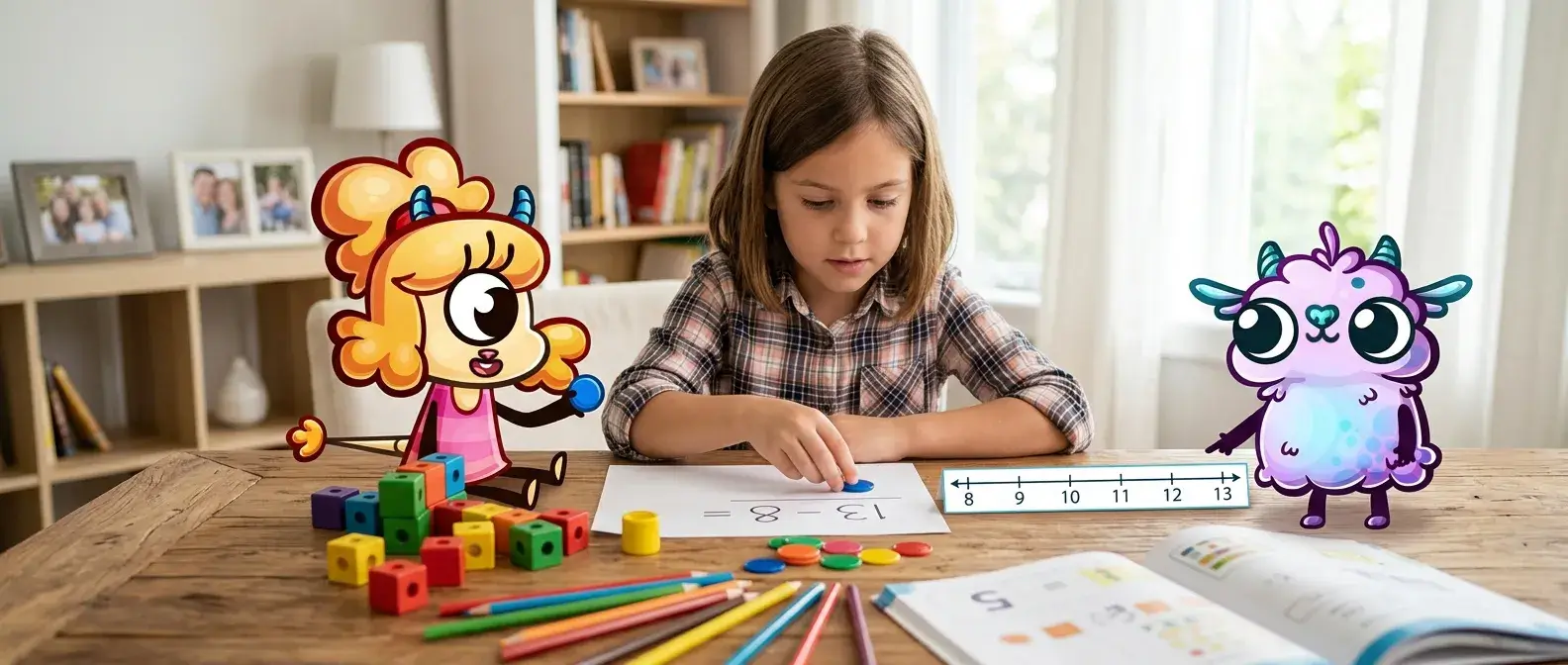 A girl works out 13 minus 8 with counters at a table, next to snap cubes and a number line from 8 to 13, while two MathHero characters watch.