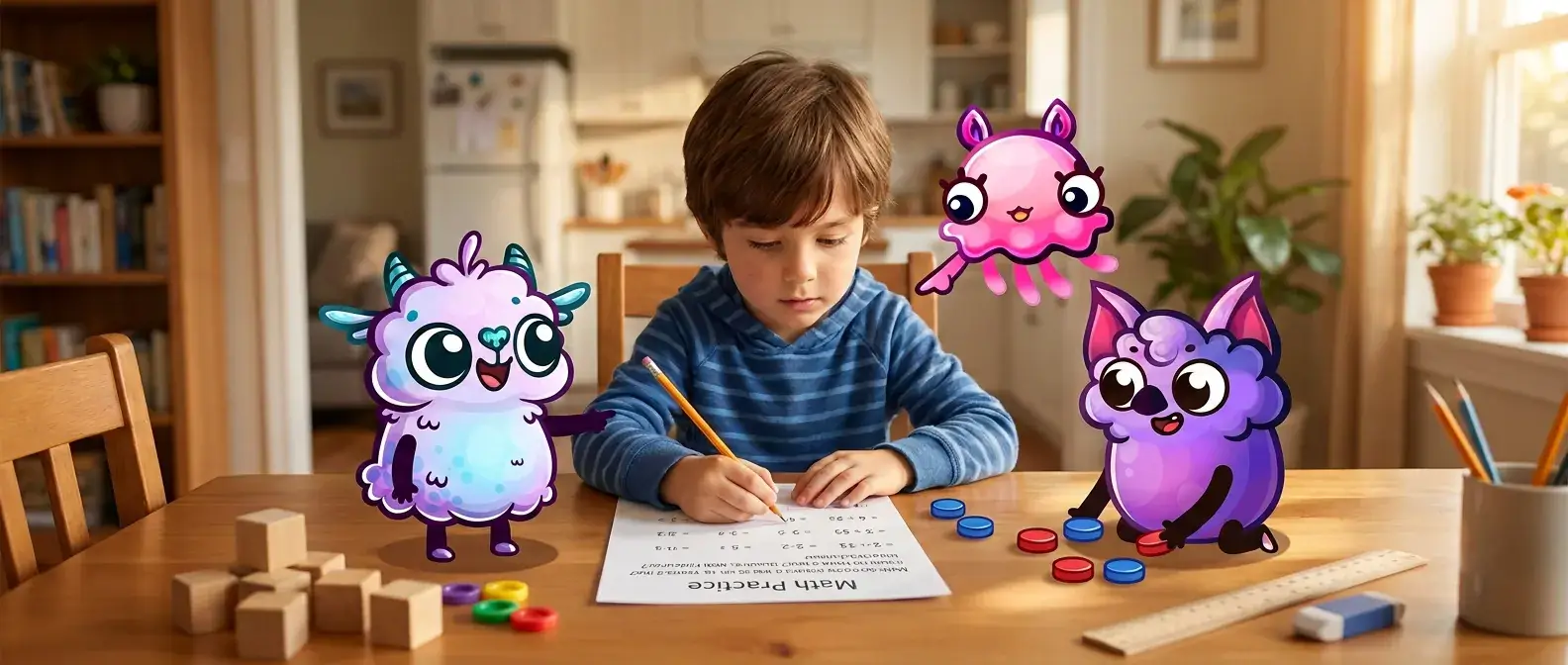 A boy works on a math practice worksheet at the kitchen table while three MathHero characters gather around with counters and wooden blocks.