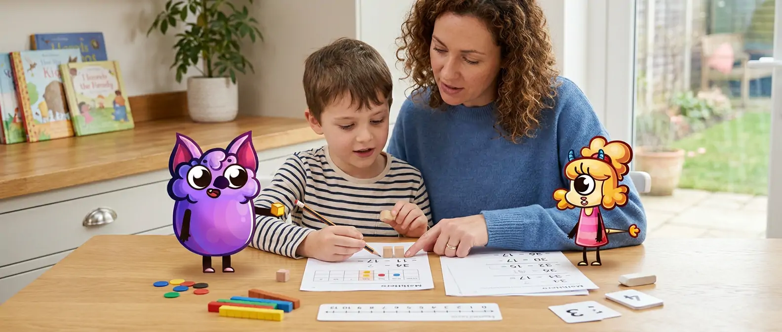 A mother points to a subtraction worksheet as her son works it out with base-ten blocks at the kitchen table, while two MathHero characters watch.