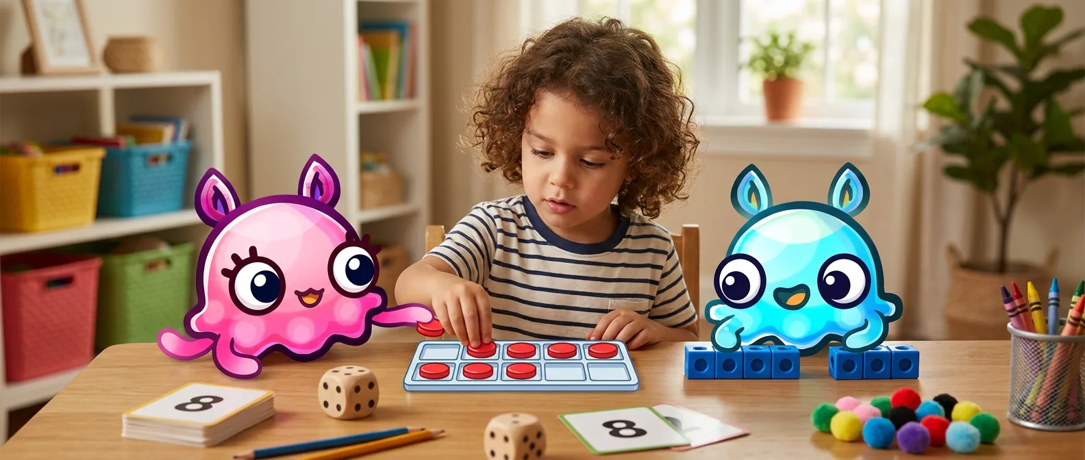 A young child fills a ten frame with red counters at a table with dice, number cards, snap cubes and two MathHero mascots.