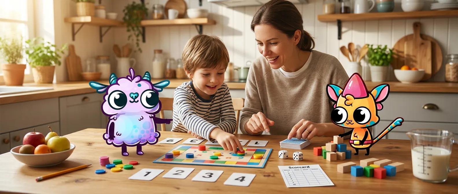 A parent and child playing math games at home with two MathHero characters