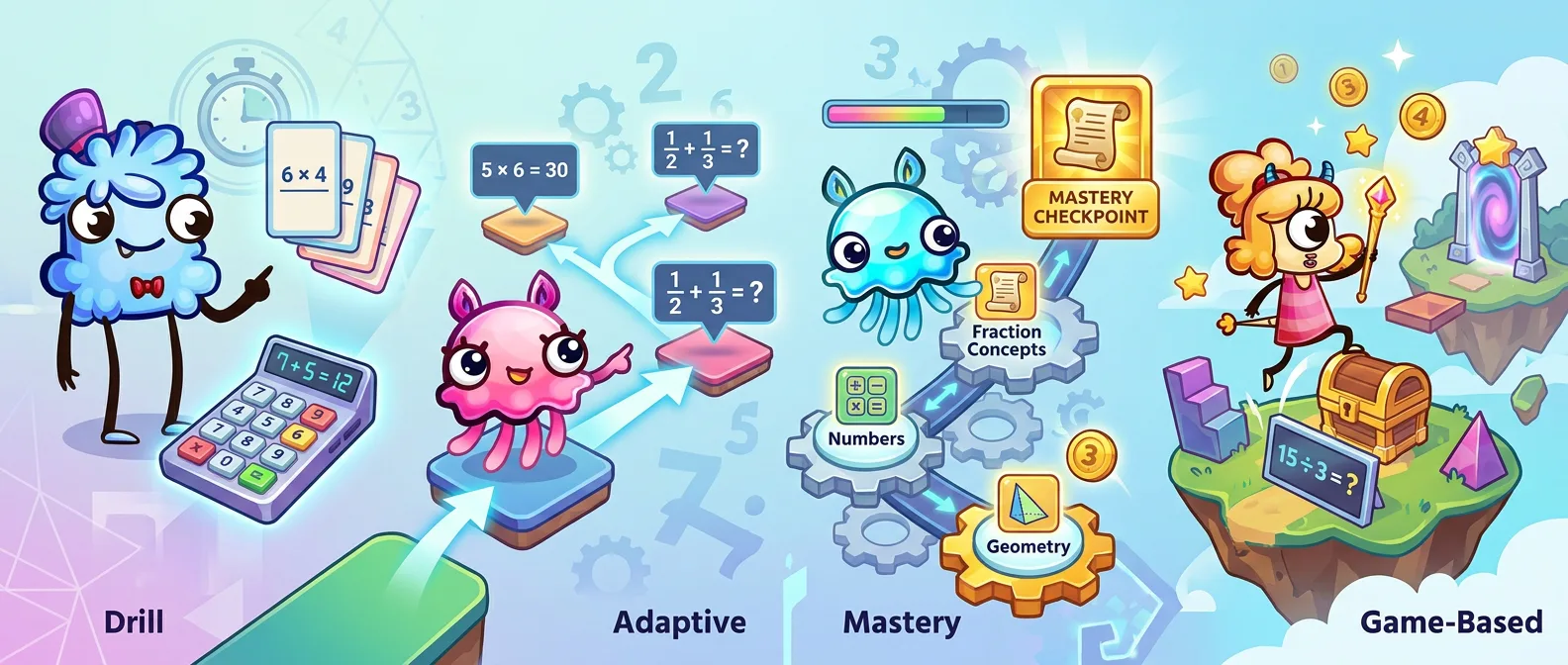 Four types of math practice apps: drill, adaptive, mastery and game-based