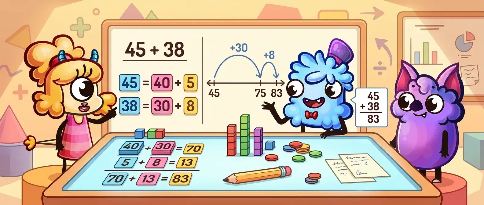 MathHero characters at a whiteboard showing 45 + 38 three ways: expanded form, jumps on an open number line, and the standard algorithm.