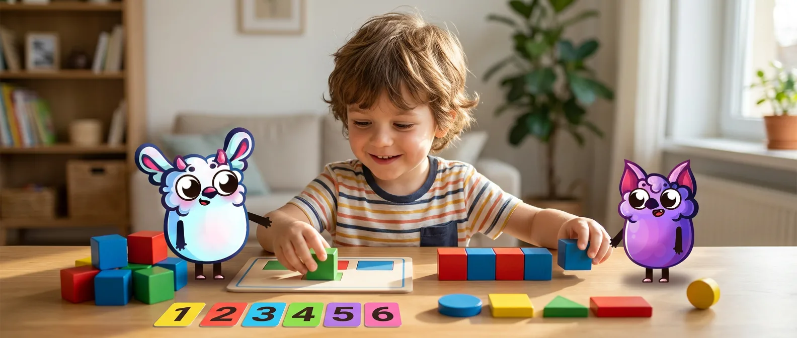 A five-year-old boy fits a shape puzzle at a table with colored blocks, number cards one through six, and two MathHero mascots.